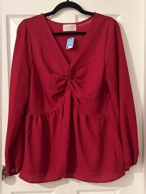 NWT Sugarfox Twist-Front V-Neck Red Blouse